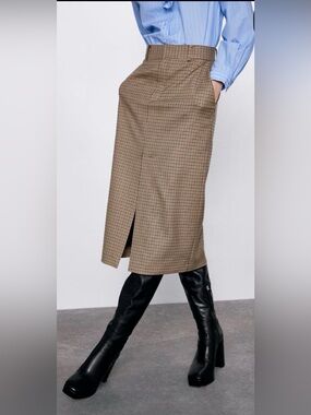 NWT Zara Tailored Brown Check Midi Skirt with Front Slit